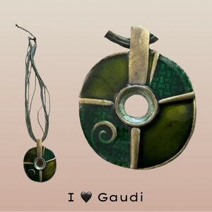 Gaudí Inspired Green Bronze Pendant Necklace 16in + Ext Bohemian Art